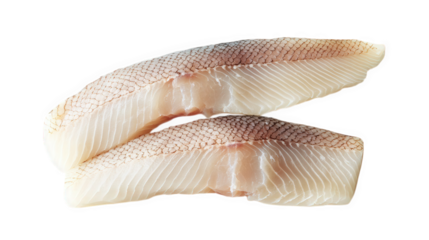 two fillets of fish. showcasing their smooth. pale flesh with a hint of pink along the edges the fillets are laid out on a clean. white background. emphasizing their freshness and quality. suitable fo