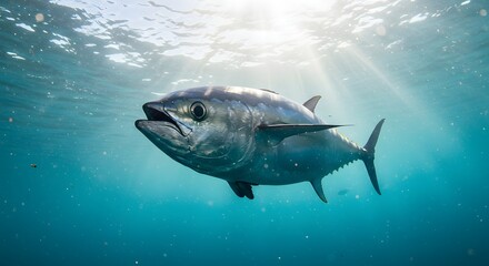 Fototapeta premium Tuna Fish Swimming Underwater in Ocean with Sun Rays Coming Through