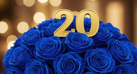 Golden number twenty on a bouquet of vibrant blue roses backdrop