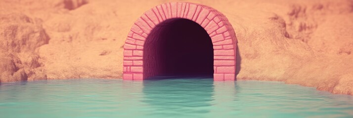 Water-filled archway in a sandy landscape