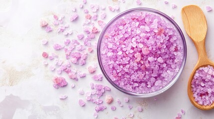 Violet-hued sea salt macro texture, scattered crystalline salt across surface