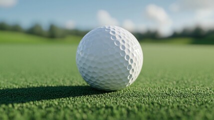 Obraz premium White golf ball resting on lush green grass, round and smooth surface glistening under soft sunlight, perfect for sports themes.