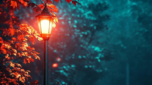 Enchanting nocturnal scene illuminated lamppost surrounded by red foliage and ethereal blue mist ambience