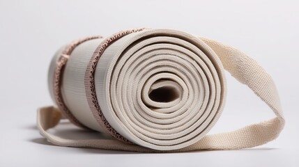 Organic cotton yoga mat in a rolled position against a white background