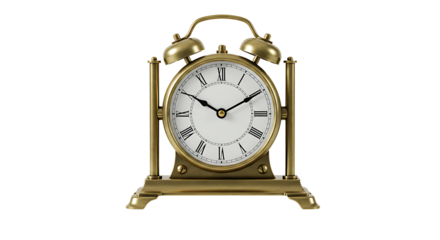 Elegant brass alarm clock with roman numerals standing isolated on white background