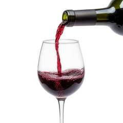 a glass being filled with red wine from a bottle the wine cascades into the glass. creating bubbles and showcasing the rich color of the beverage against a plain white background. emphasizing the eleg