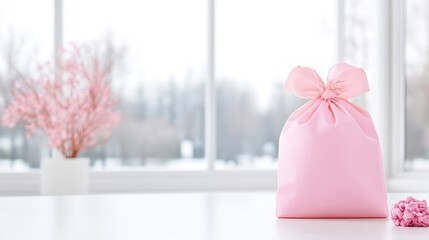 Pink Gift Pouch with Ribbon Bow on White Table, Soft Pink Flowers, and Bright Window Background