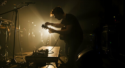 Musician tuning guitar on dimly lit stage preparing for live performance creating captivating atmosphere