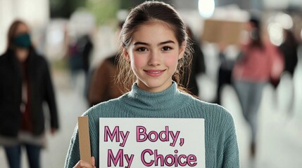 Teenage girl holds a sign advocating for bodily autonomy during a protest