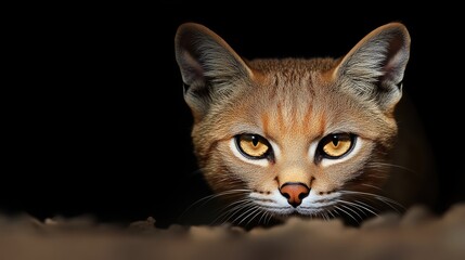 Close-up of a wild cat with intense gaze.  A small, tawny-colored feline with large, golden eyes, peering intently from shadows
