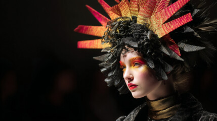 Woman in haute couture fashion show with avant garde headpiece and dramatic makeup runway model