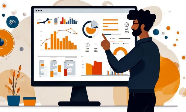 Animated presentation of a manager reviewing statistics and financial dashboard analytics
