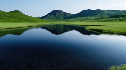 Serene mountain lake reflecting lush greenery