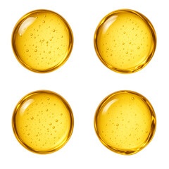 Golden Liquid Oil Bubbles Isolated on White Background – 3D Render for Beauty, Skincare, and Oil Concepts