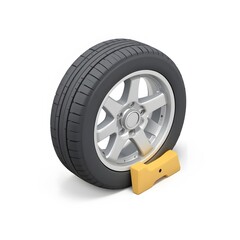 Obraz premium Car Tire with Wheel Chock Isolated on White
