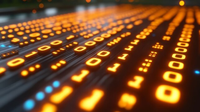 Binary Code Stream: Glowing orange binary code digits stream across a dark, futuristic surface, representing the flow of digital information and technological advancement. 