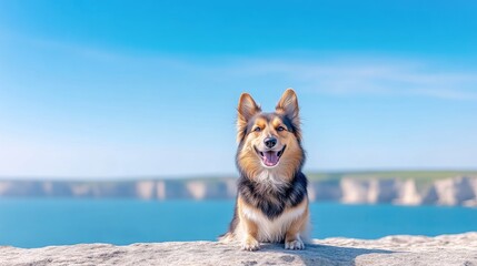 Happy dog perched on a cliff overlooking the ocean.  A joyful corgi-type dog sits on a rock formation, facing the camera with its mouth open in a smile, against a vibrant blue sky and ocean backdrop