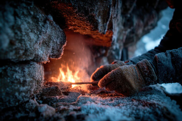 Naklejka premium Person roasting marshmallows over a campfire.