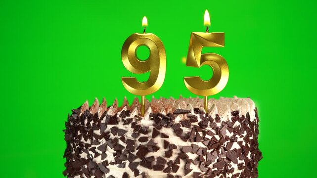 Burning candles number 95 on birthday cake against chroma key background. Ninety-fifth birthday. Birthday and anniversary celebration