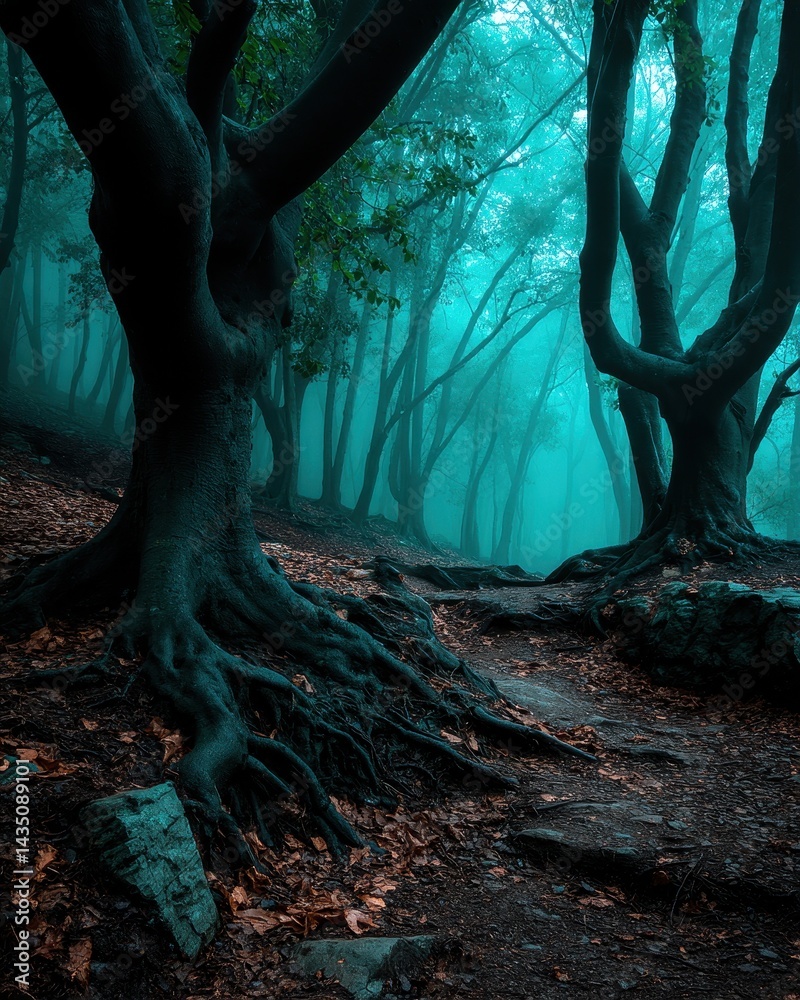 Wall mural a mystical forest scene featuring tall trees with intricate roots, shrouded in fog and illuminated b