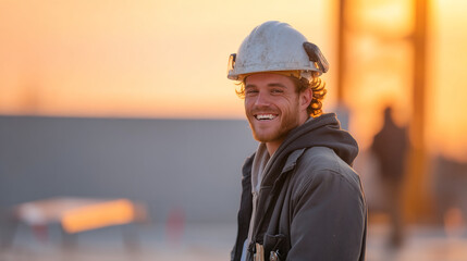 Portrait of happy construction worker smiling wearing hard hat at sunset for construction industry website
