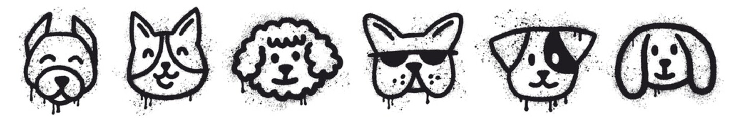 Horizontal collection of funny dog ​​faces, hand painted in graffiti style using spray paint.