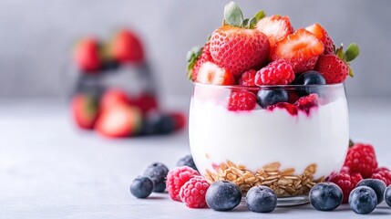 A glass of creamy yogurt parfait with layers of fresh strawberries, raspberries, blueberries, and granola, set on a light surface with a blurred background of more berries, and vibrant and healthy