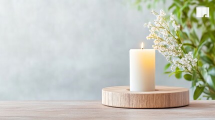 Peaceful candlelit scene with soft white flowers. A single, glowing candle sits atop a wooden coaster, creating a serene and calming atmosphere