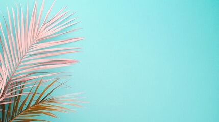 Fototapeta premium Tropical leaves against a soft blue backdrop, vibrant greenery adding a fresh, serene vibe, ideal for nature-themed designs.