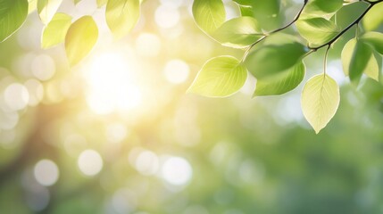Fototapeta premium Sunlight filtering through green leaves, serene natural background with vibrant hues and soft bokeh effect, ideal for wellness themes.