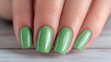 Close-up of manicured nails with a light green polish.  Well-maintained hands with a  stylish, polished finish