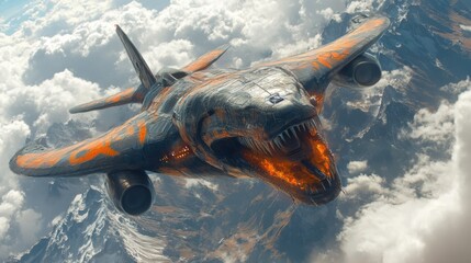 Obraz premium Hybrid design of an airplane and snake, with a long, slithering body and sharp fangs, flying at high altitude