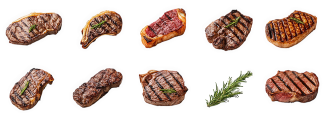 a variety of grilled steaks arranged on a white background. highlighting different cuts and cooking styles each steak is garnished with herbs. emphasizing their preparation for culinary presentation t