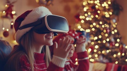 Delighted young girl experiences immersive virtual reality on Christmas morning
