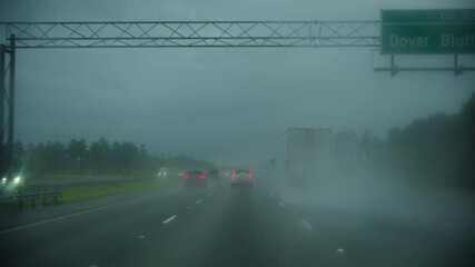 Driving car on highway road in heavy fog and rain, dangerous weather conditions and limited visibility