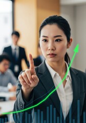 上昇チャートを指し示す女性（ai生成画像）