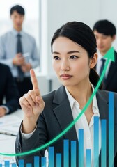 上昇チャートを指し示す女性（ai生成画像）