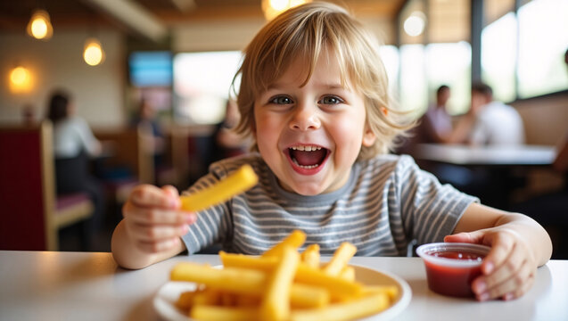 Joyful Taste: A charming child enjoys a plate of french fries, holding one up with delight, the warmth of happiness, and sharing a candid moment of pure joy.