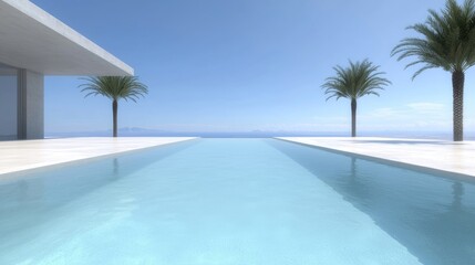 Modern infinity pool overlooking ocean.  Spacious, minimalist design with sleek lines, a large, tranquil pool, and panoramic ocean views.  Tropical palm trees add a touch of luxury to the scene
