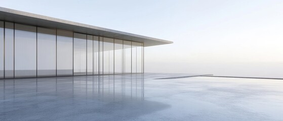 Obraz premium Minimalist architecture with glass facade and concrete roof reflecting on polished floor against light sky modern design