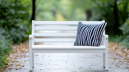 White park bench with navy blue striped cushion in a garden path