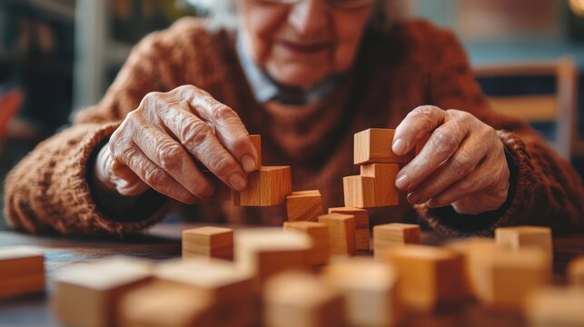 Engaged senior woman playing with wooden blocks promoting cognitive health