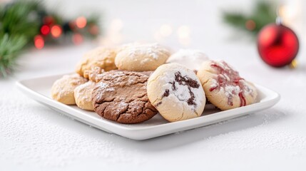 Christmas Cookies Variety Festive Style High-Resolution Soft Lighting Close-up Pile Shot Powdered Sugar Festive Treats Holiday Baking Warm Natural Tones Perfect for Food Blogs
