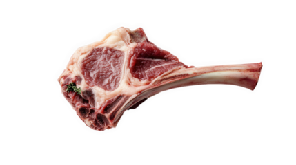 raw tomahawk steak. showcasing its marbled red meat and large bone. set against a plain white background this presentation emphasizes the steak's quality and is likely intended for culinary purposes.