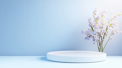 Light blue minimalist podium with flowers