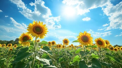 Obraz premium A vibrant field of sunflowers under a brilliant summer sky.