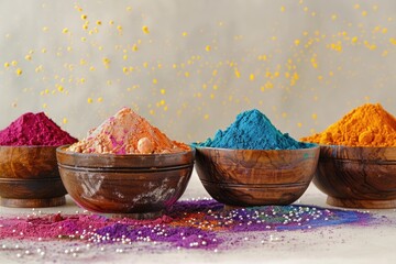 Gulag colours in bowl for Holi festival, Hindu tradition festive. Happy holi indian festival dahan banner concept.