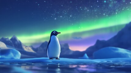 Obraz premium Penguin Under the Aurora Borealis