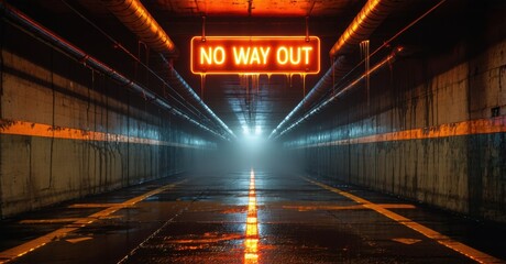 Dark tunnel with bright no way out neon sign. Wet concrete walls, dim lighting, foggy distance. Dramatic perspective creates intense mood.