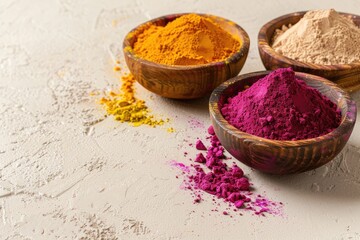 Gulag colours in bowl for Holi festival, Hindu tradition festive. Happy holi indian festival dahan banner concept.